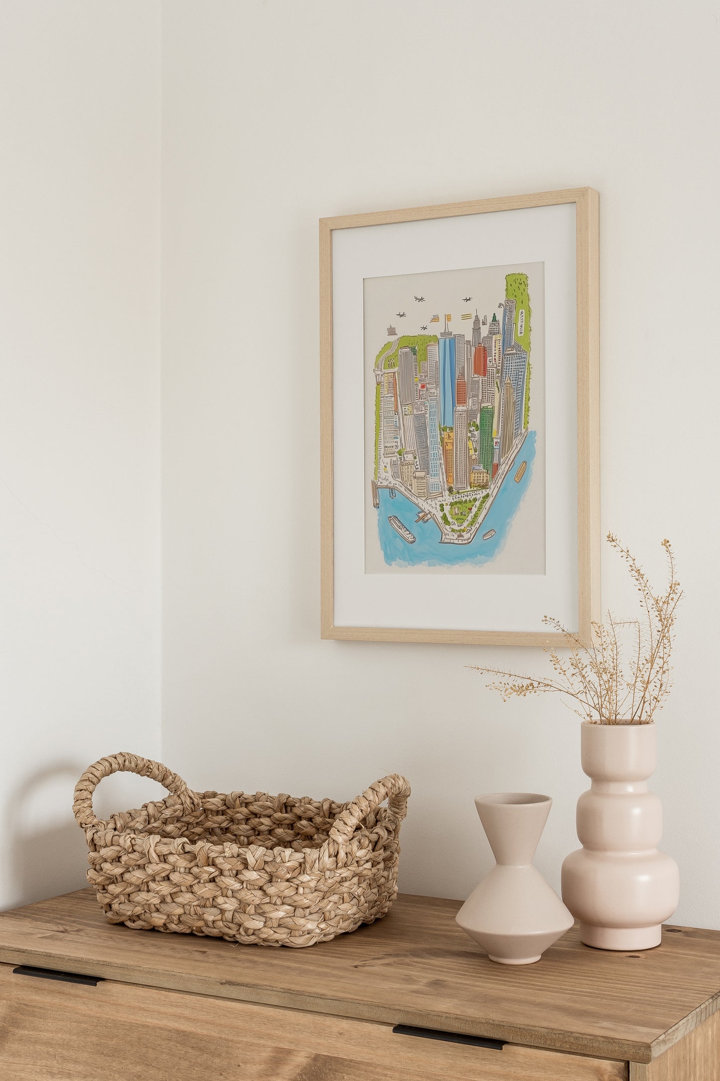 Downtown Manhattan Art Print, NYC Cityscape Illustration, 8x10β Matted Wall Art, New York Skyline, Urban Decor, Office Gift