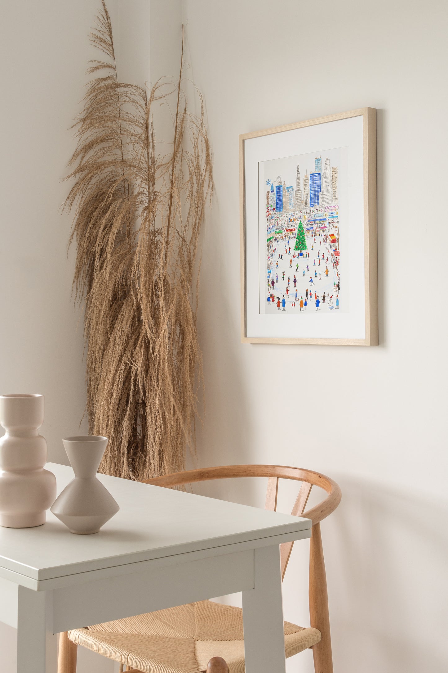 New York City Winter Scene Art Print - 8x10” Matted to 11x14” - Holiday Ice Skating Wall Art - NYC Illustration Gift