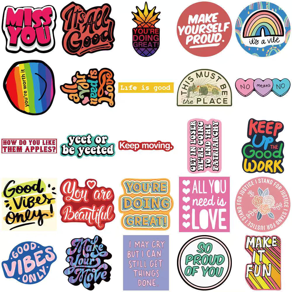 50 Cute Slogan Stickers – Pastel and Waterproof Designs for DIY and Decoration