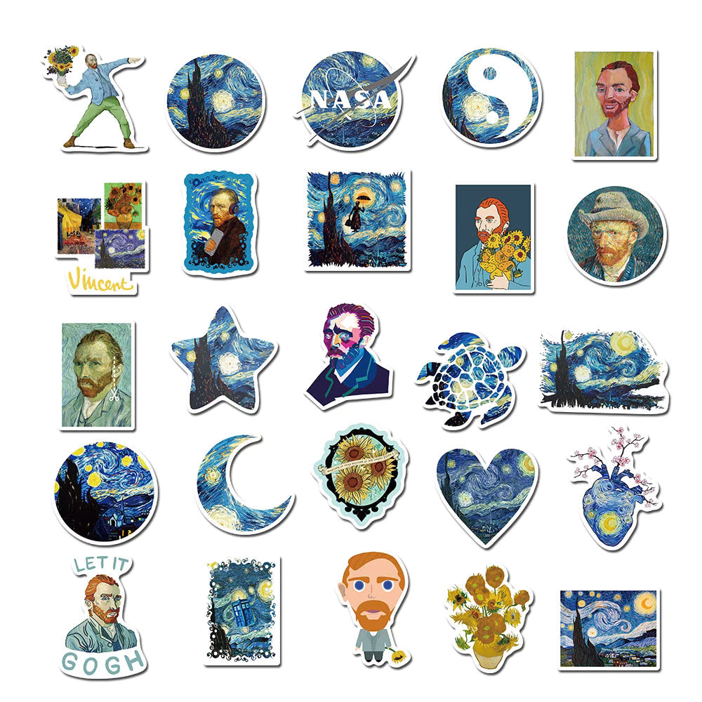 50 Van Gogh Sunflower Art Stickers – Waterproof and Artistic Designs for DIY and Decoration