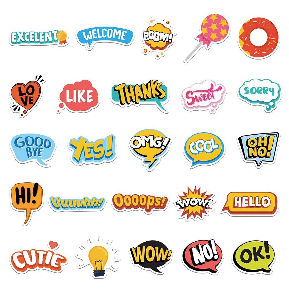 50 Cartoon English Slogan Stickers – Vibrant and Waterproof for DIY Decoration