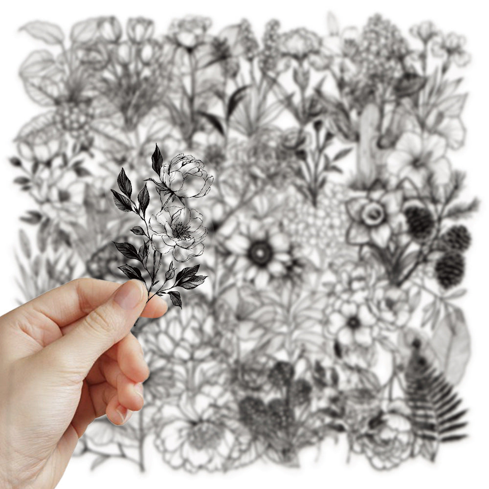 50 Vintage Black White Plant Stickers