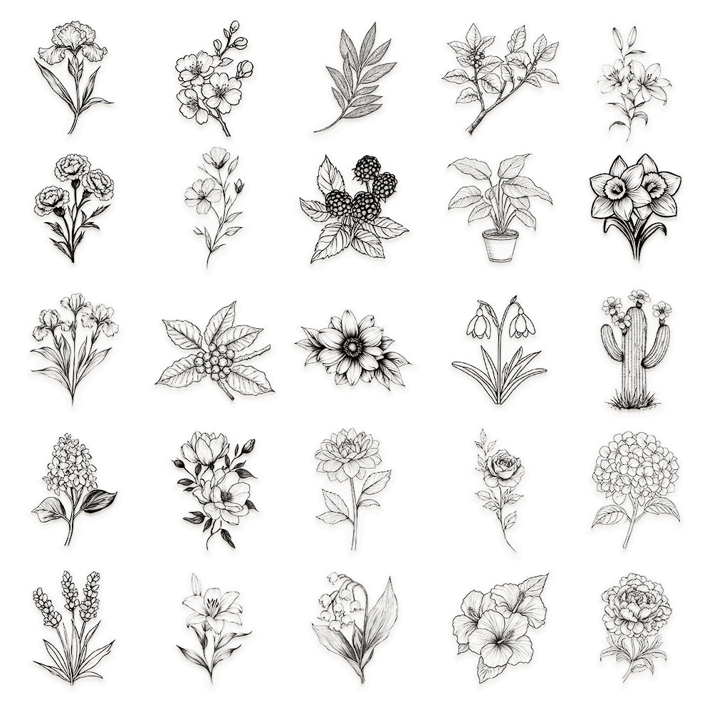 50 Vintage Black White Plant Stickers
