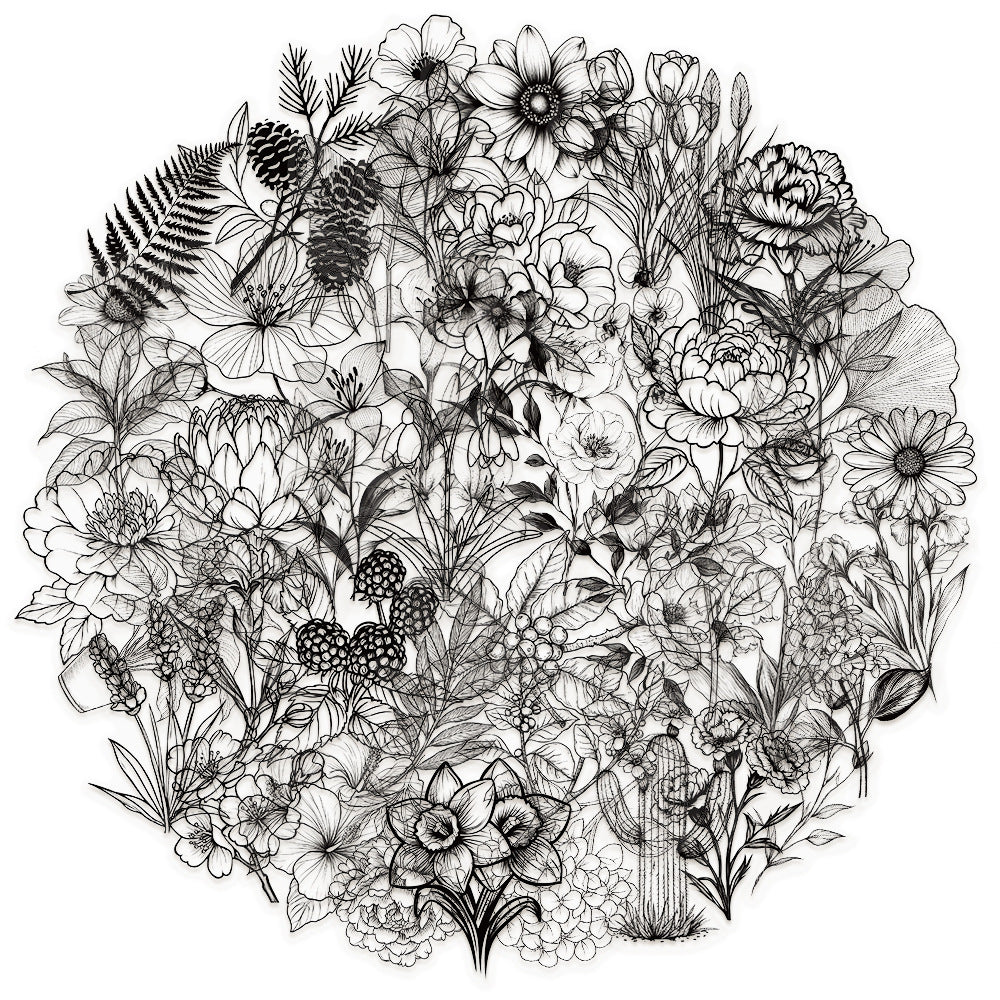 50 Vintage Black White Plant Stickers